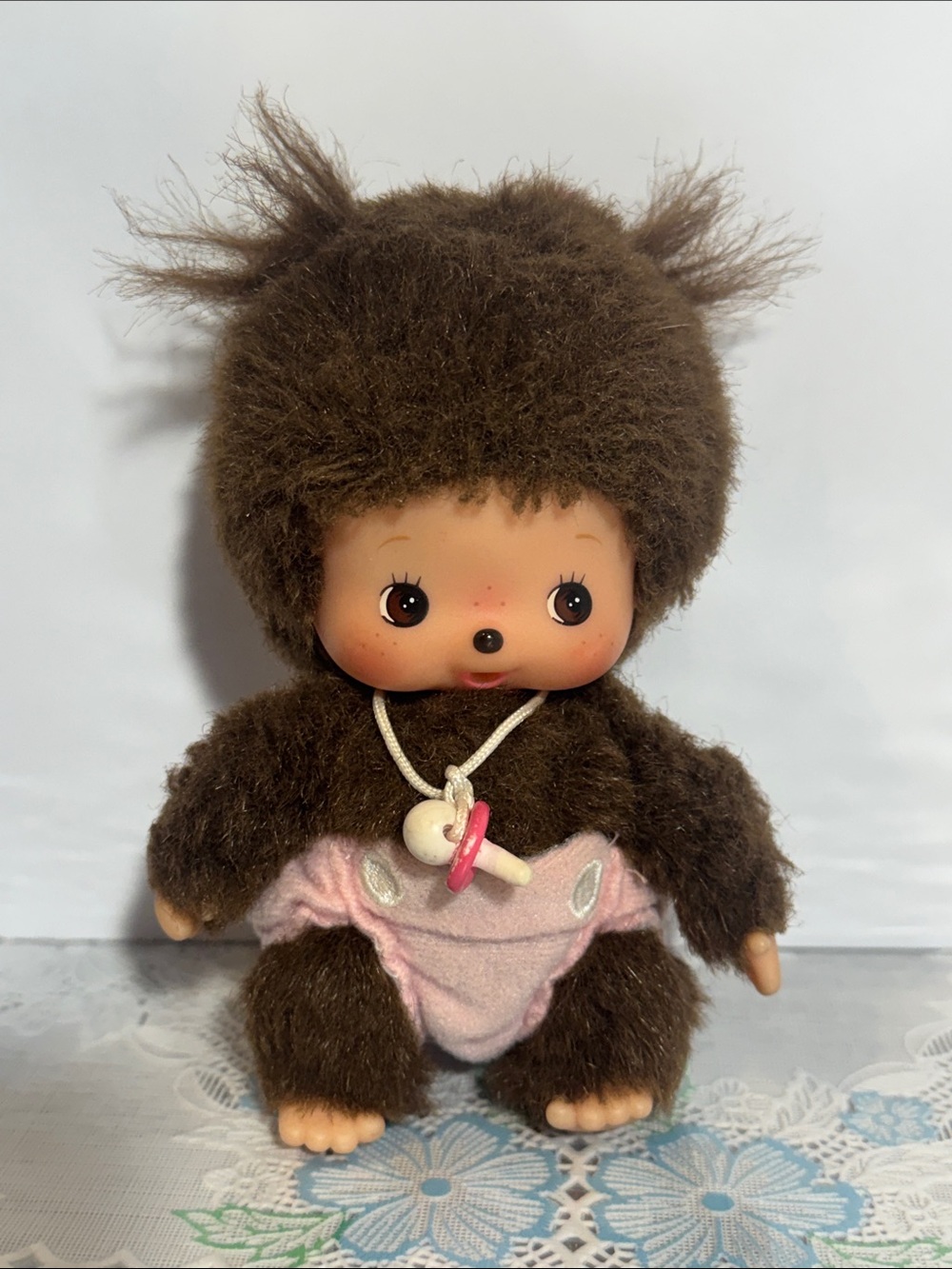 Bebichhichi Baby Girl Monchhichi Doll with Pink Pacifier 5” Sekiguchi